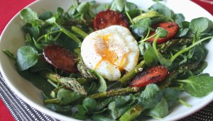 Chorizo asparagus and watercress salad w egg