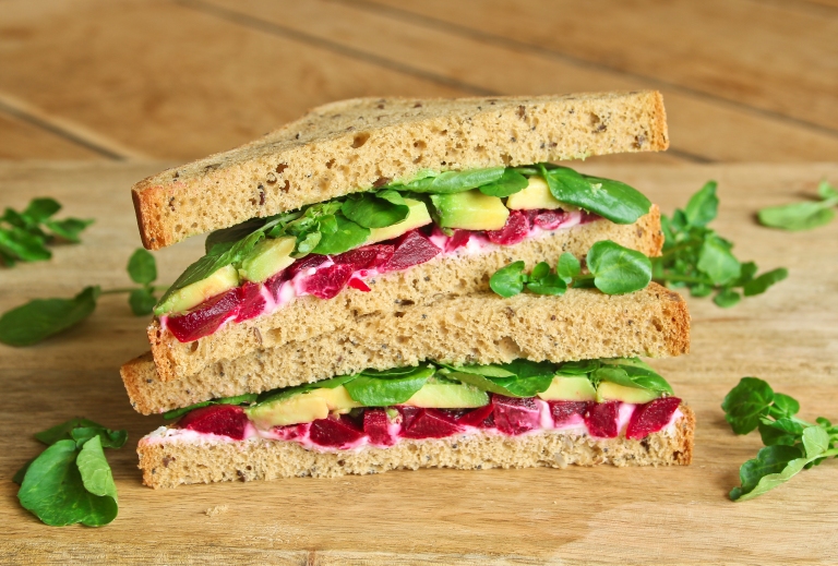Beetroot cheese and avocado sandwich